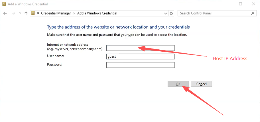 Add Windows Credential dialog — enter host IP and guest username