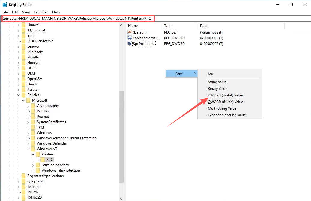 Registry Editor — creating a new DWORD value under the RPC key