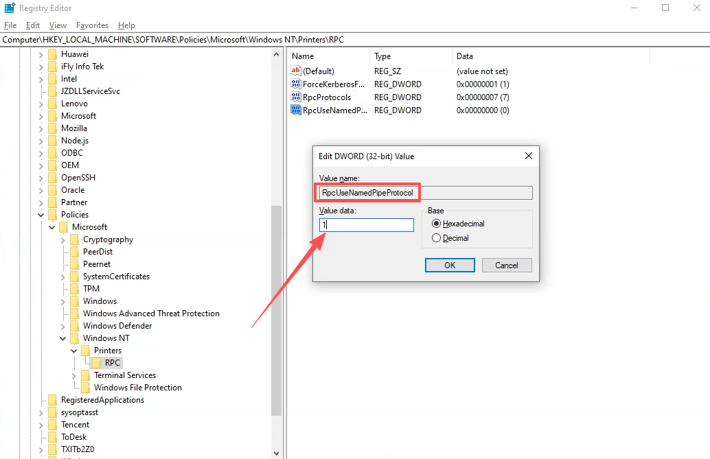 Registry Editor — RpcUseNamedPipeProtocol set to 1