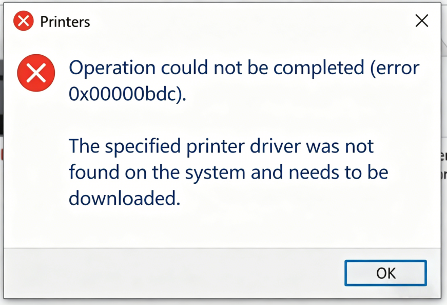 Windows error dialog showing error 0x00000bcb — The specified printer driver was not found on this system and needs to be downloaded