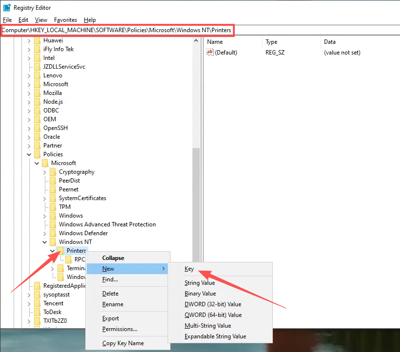 Registry Editor — navigating to the PointAndPrint key