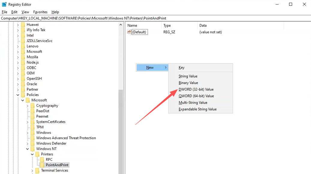Registry Editor — creating RestrictDriverInstallationToAdministrators DWORD