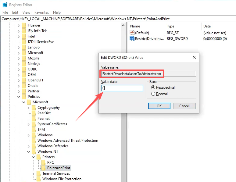Registry Editor — setting RestrictDriverInstallationToAdministrators to 0