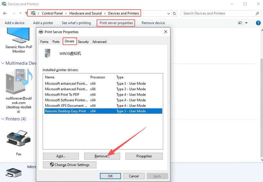 Print Server Properties — Drivers tab showing old printer driver